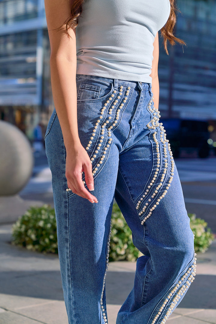 Pearl Embellished Straight Leg Denim Pants
