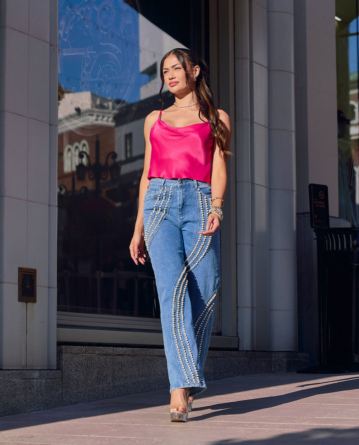 Pearl Embellished Straight Leg Denim Pants