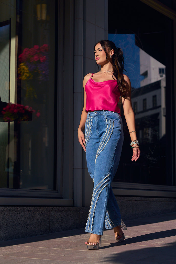 Pearl Embellished Straight Leg Denim Pants