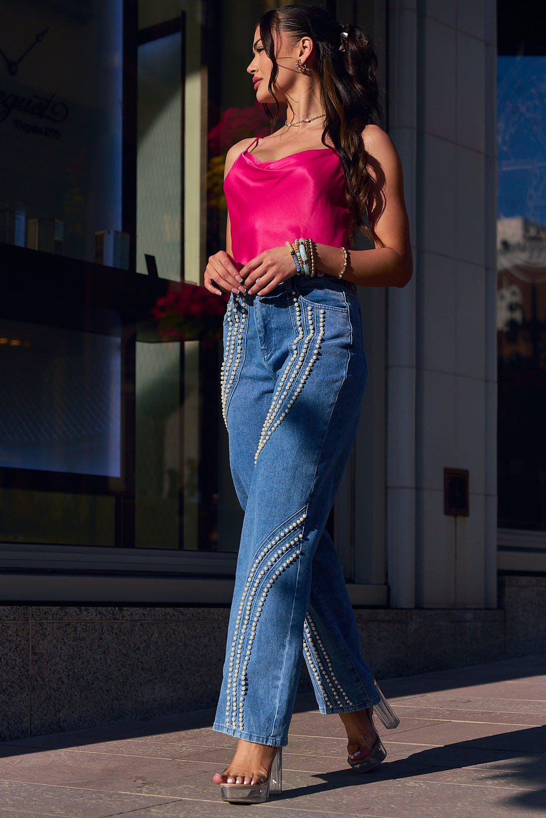 Pearl Embellished Straight Leg Denim Pants