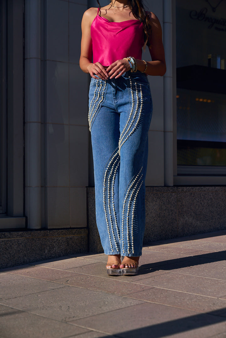 Pearl Embellished Straight Leg Denim Pants
