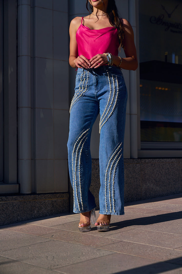 Pearl Embellished Straight Leg Denim Pants