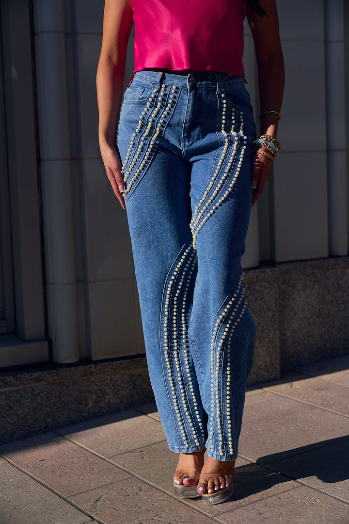 Pearl Embellished Straight Leg Denim Pants