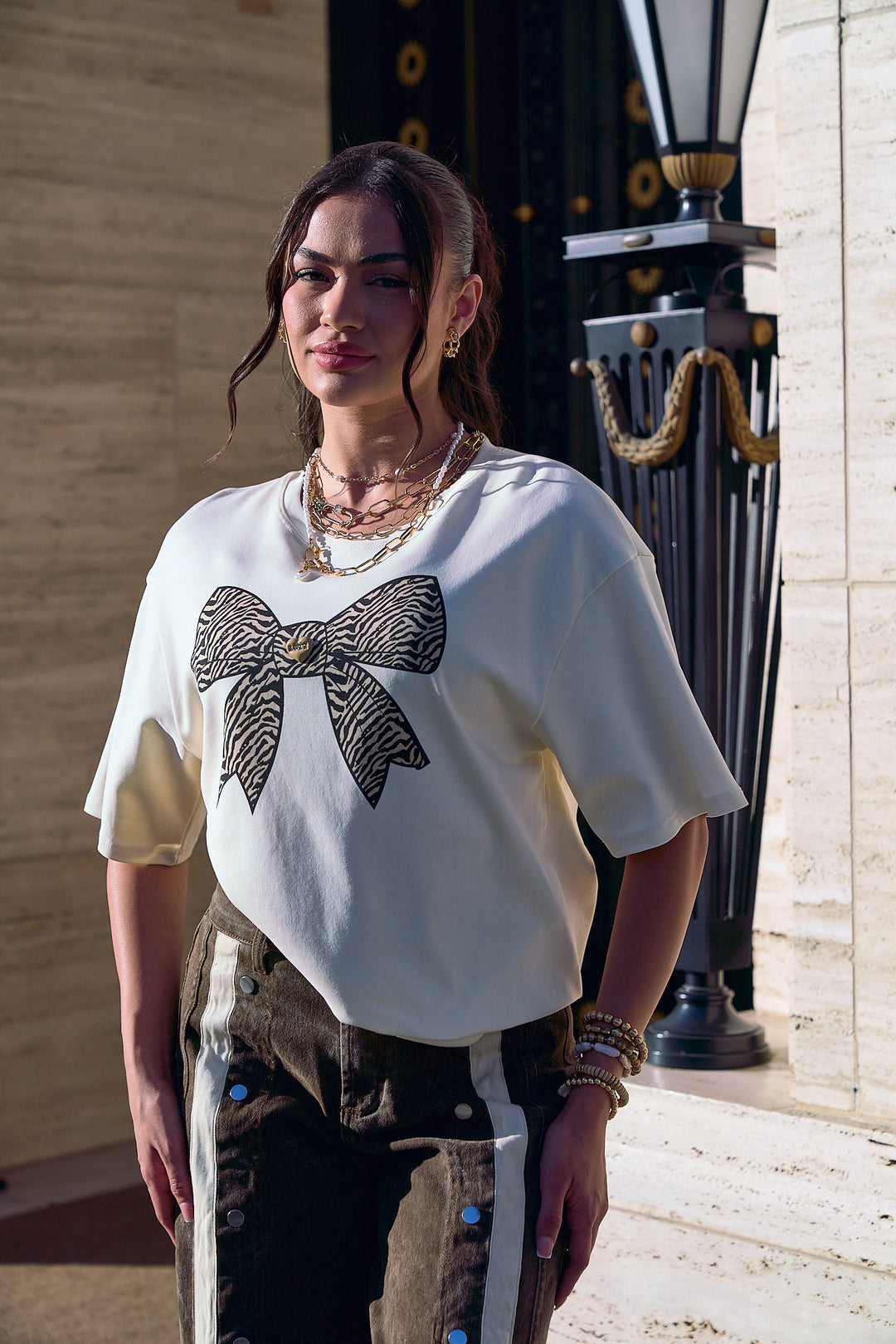 Oversized Bow Zebra Print Detail T-Shirt