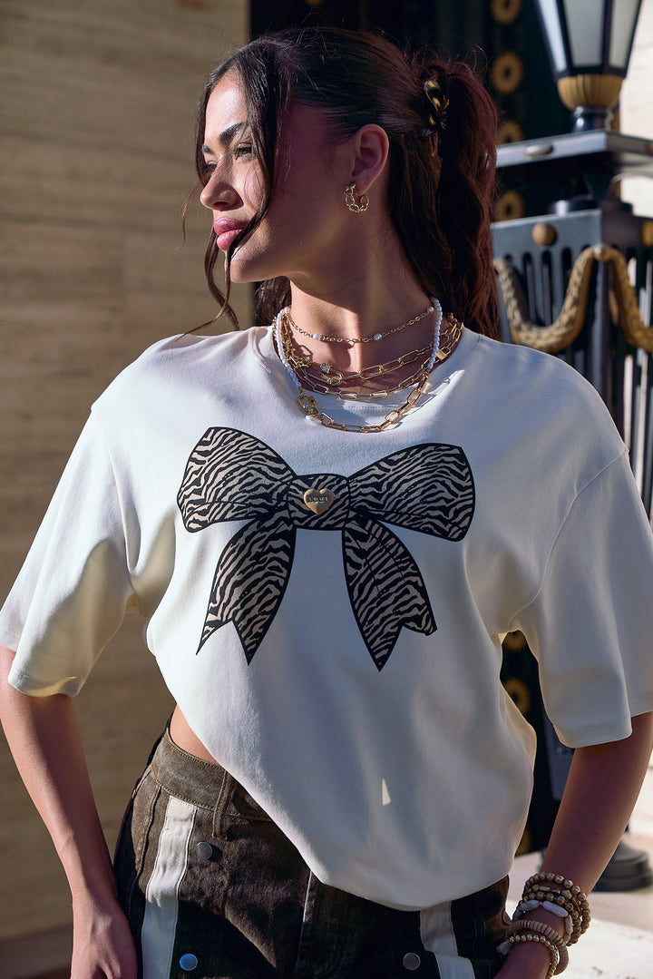 Oversized Bow Zebra Print Detail T-Shirt