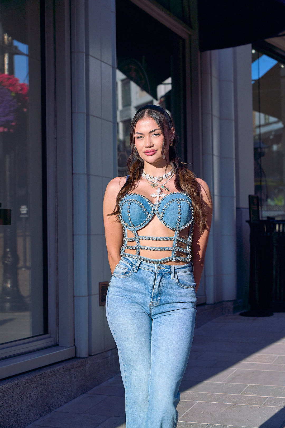 Rhinestone Denim Bustier Top