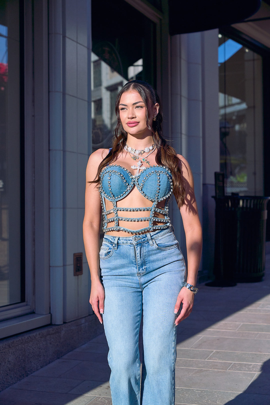 Rhinestone Denim Bustier Top