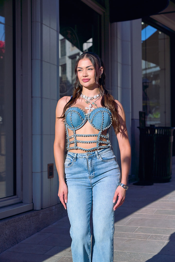 Rhinestone Denim Bustier Top