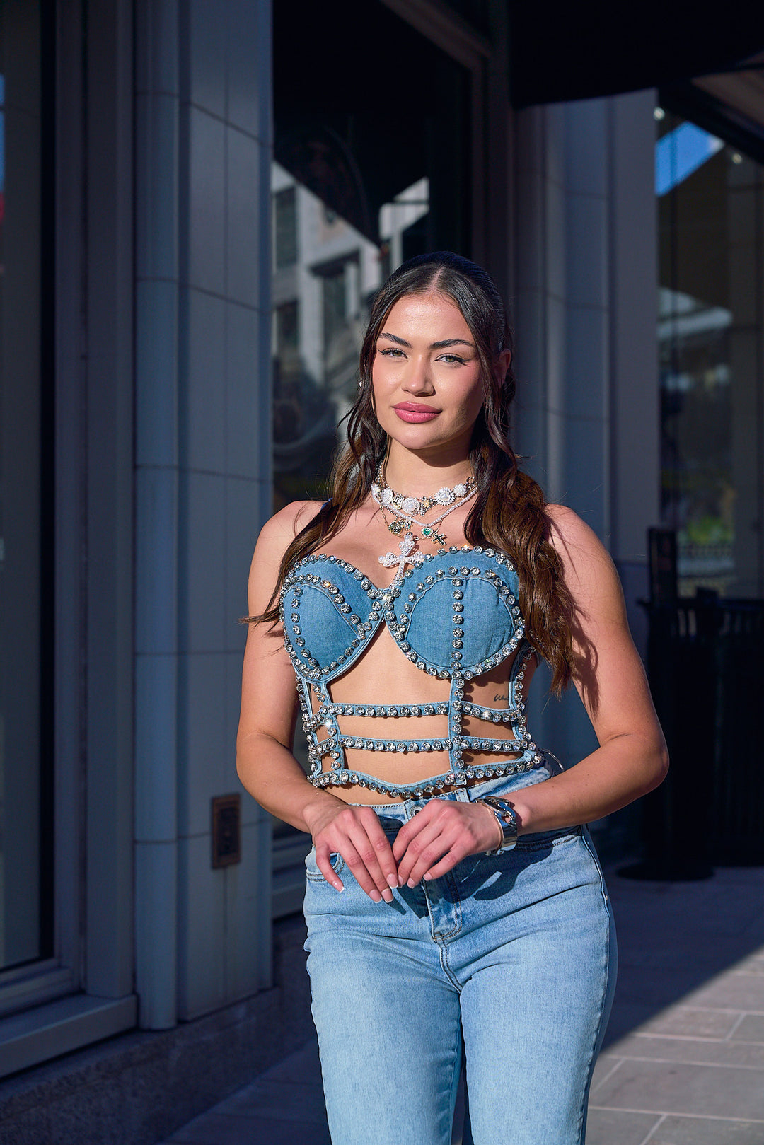 Rhinestone Denim Bustier Top