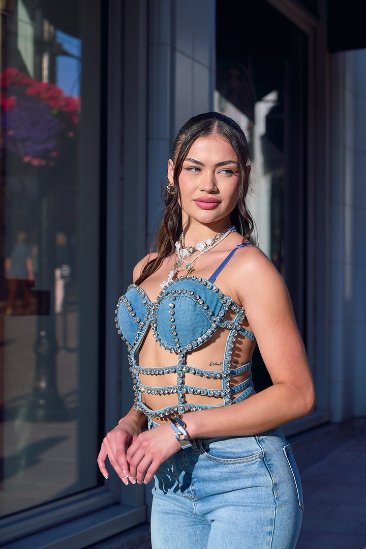 Rhinestone Denim Bustier Top
