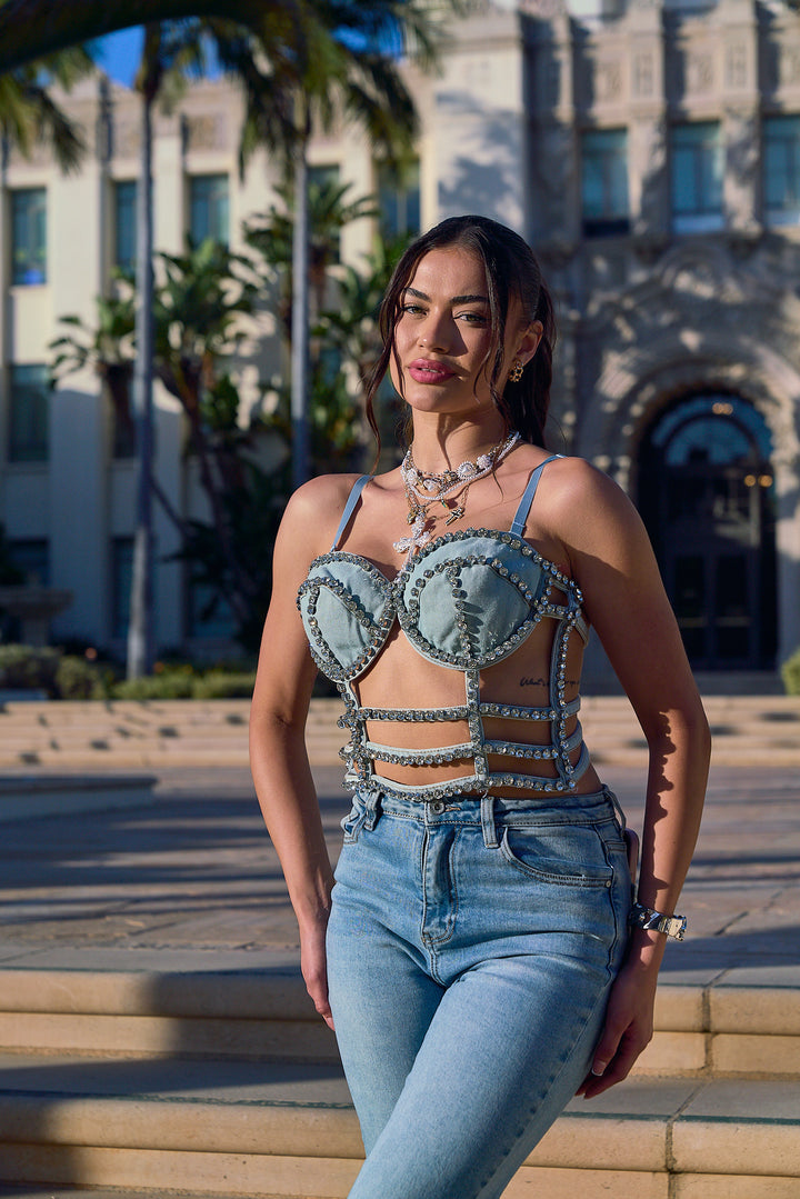 Rhinestone Denim Bustier Top