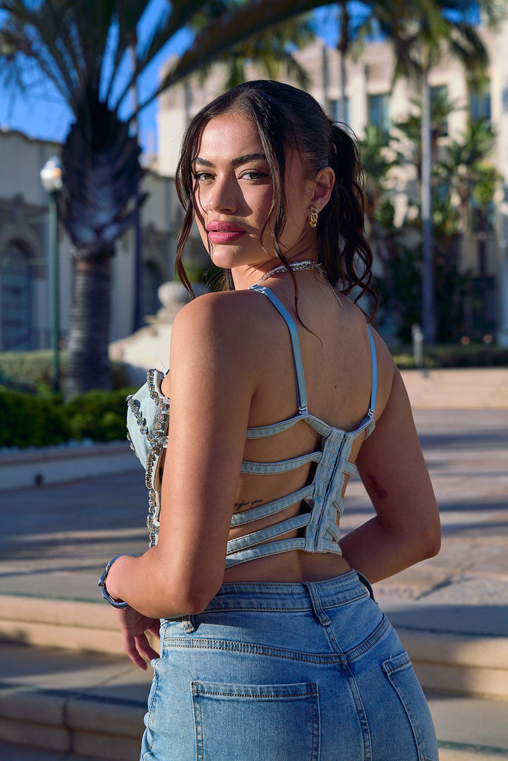Rhinestone Denim Bustier Top