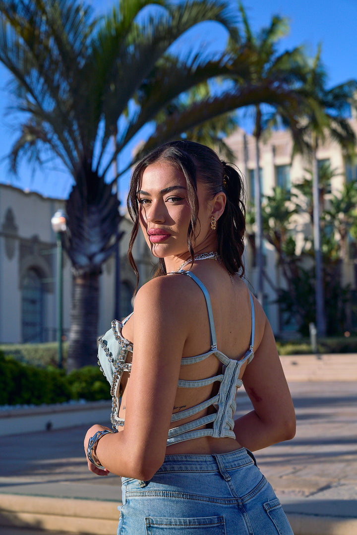 Rhinestone Denim Bustier Top