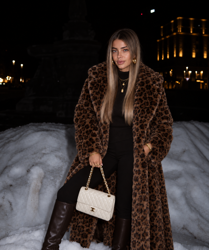 Leopard Print Faux Fur Belted Coat