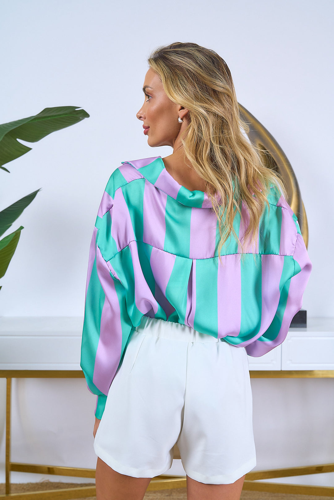 Striped Satin Front Knot Top