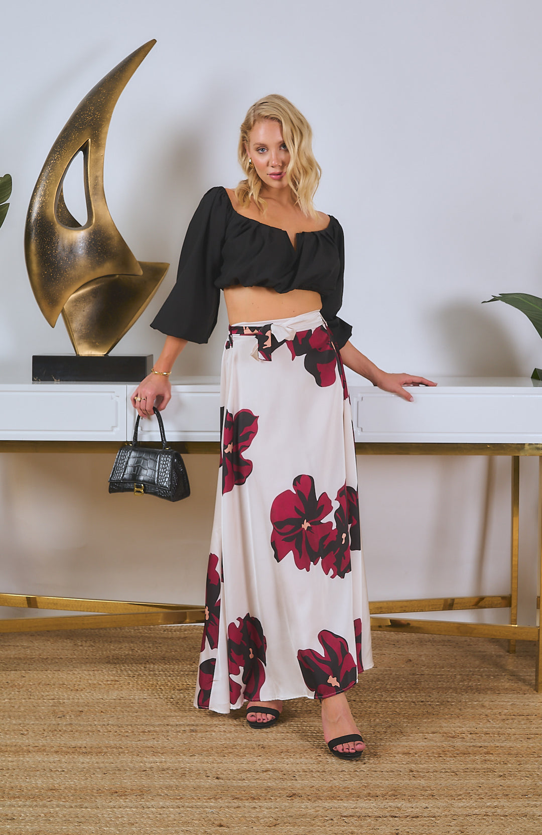 Floral Print Satin Maxi Skirt