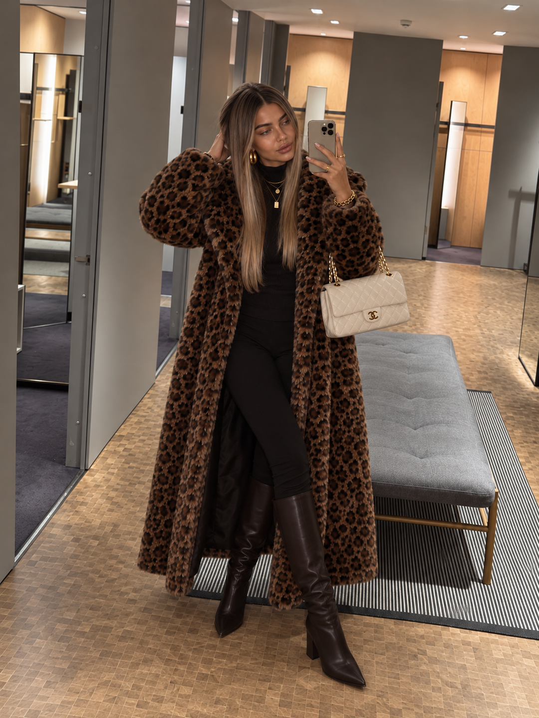 Leopard Print Faux Fur Belted Coat