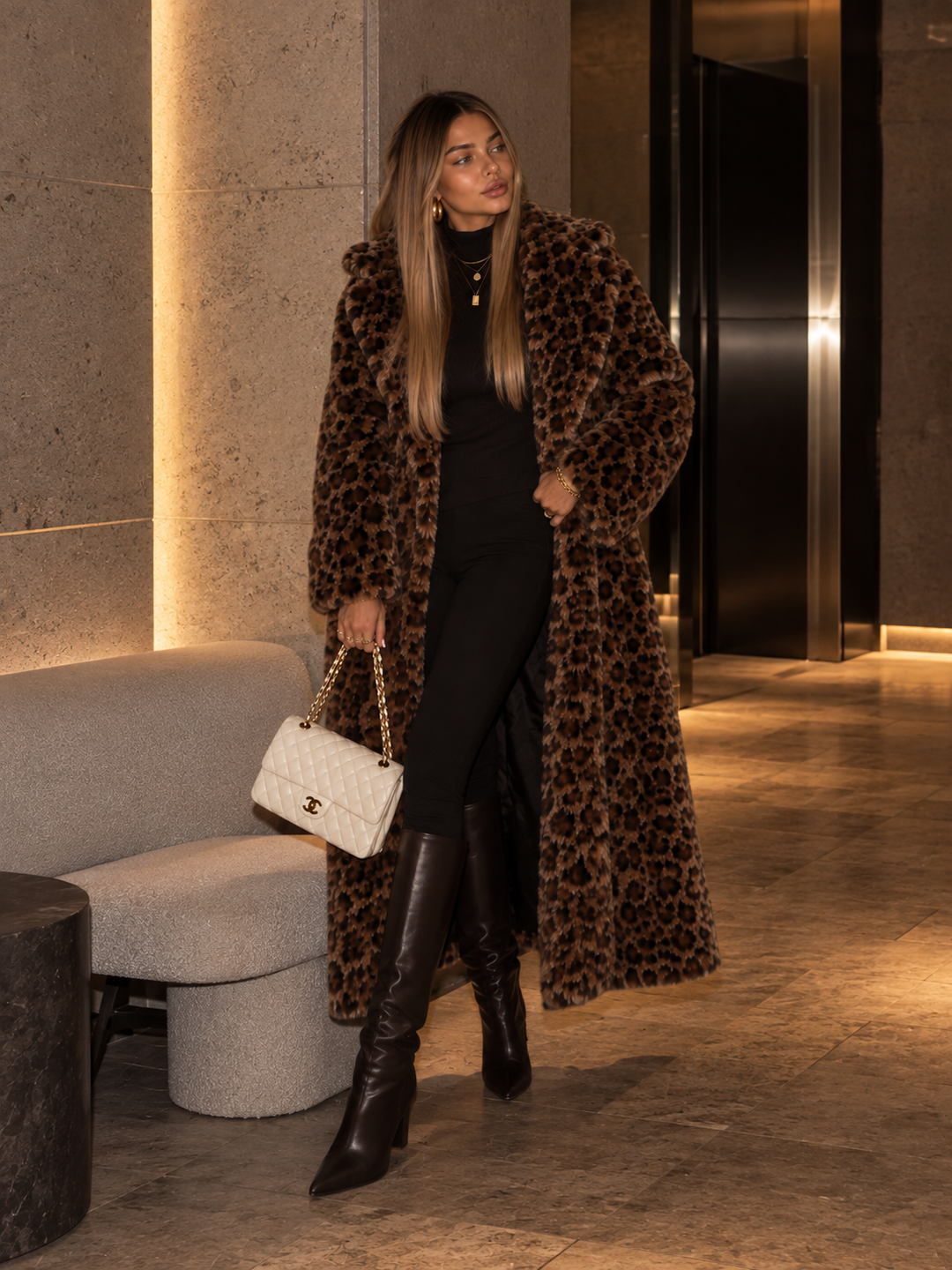 Leopard Print Faux Fur Belted Coat