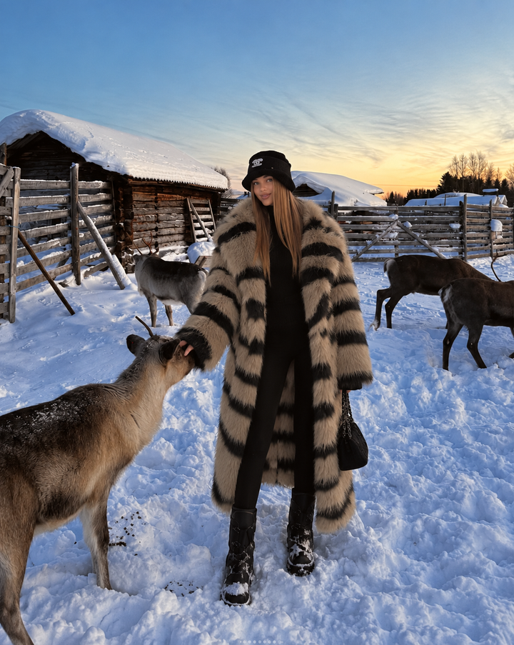 Tiger Stripe Faux Fur Long Coat