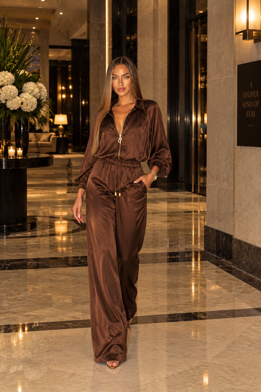 Luxe Satin Balloon Sleeve Two-Piece Set