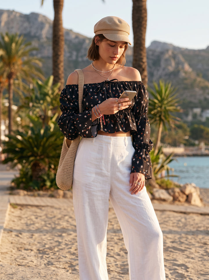 Top corto con hombros descubiertos y estampado floral