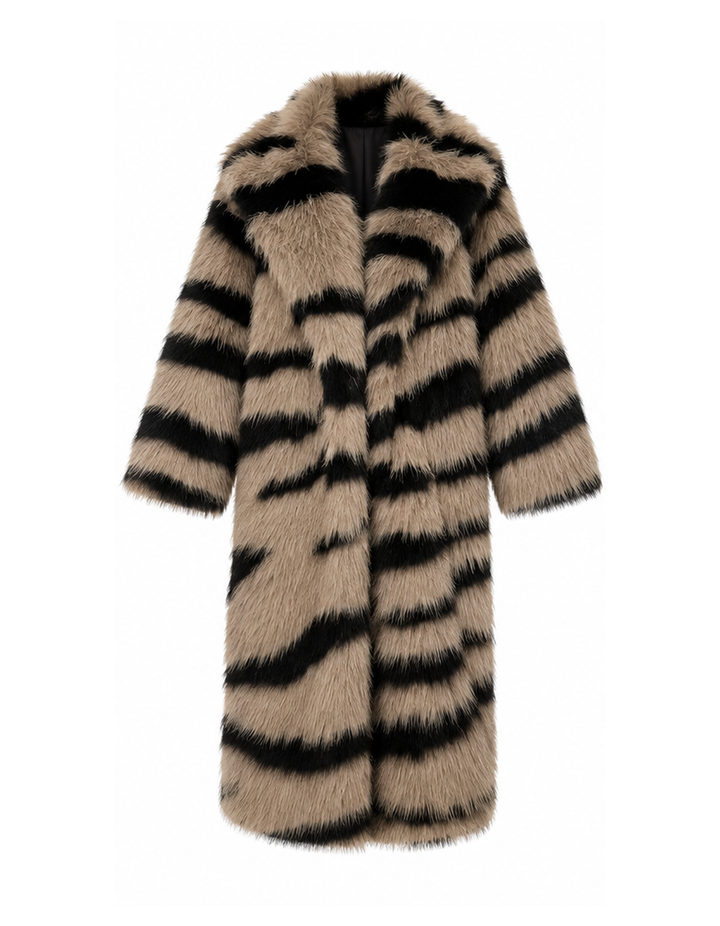 Tiger Stripe Faux Fur Long Coat