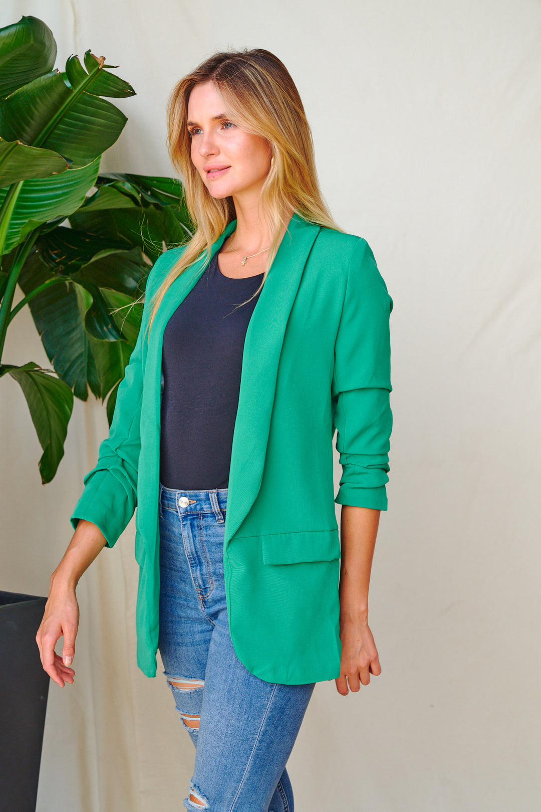 Solid Ruched Sleeves Blazer