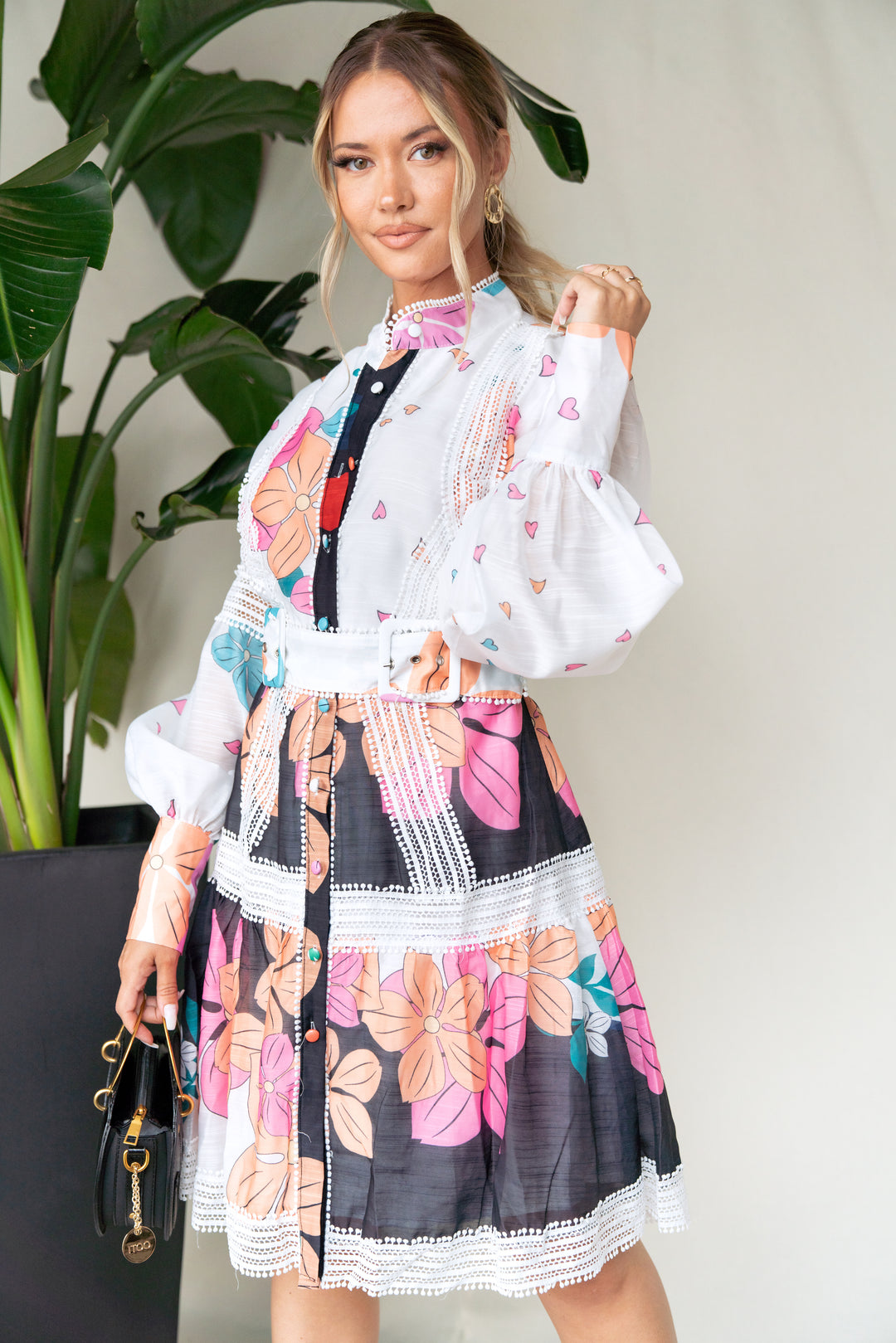 Flowers & Hearts Print Lace Midi Dress