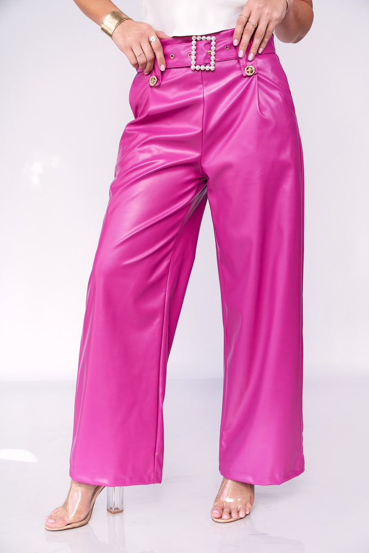 Pearl Belt Detail Leather Pants